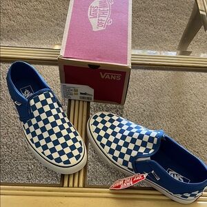 Vans Blue and White Checkered Slip-On Sneakers